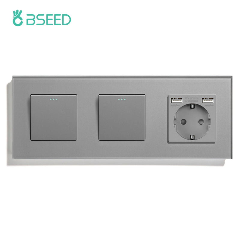 BSEED EU Standard Wall Button Switches Double 1Gang 1Way Wall Power Sockets USB Charger Glass Panel Type-C Socket Outlets