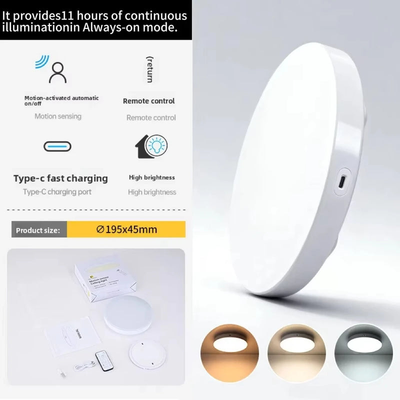 Rechargeable Radar Motion-sensing Ceiling Lamp with Remote,Wireless LEDLight No Wiring, Dimmable Always-on Mode for Shower Areas