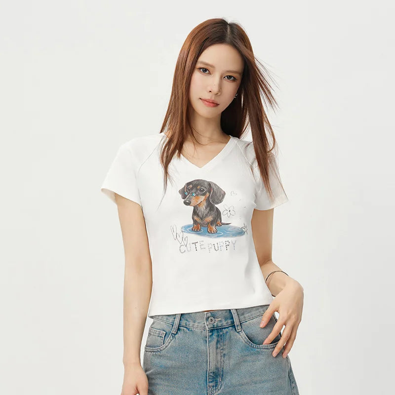 Semir Womens Tshirt 2026 Short Raglan Sleeve Slim V Neck Dog Cute Fashion Casual Daily Wear