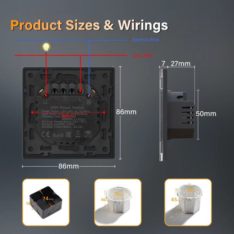 BSEED 1/2/3/4Gang 2Way Smart WIFI Light Switch Click Button Switch Support Tuya Smart Life Alexa Control Glass Panel Black Color
