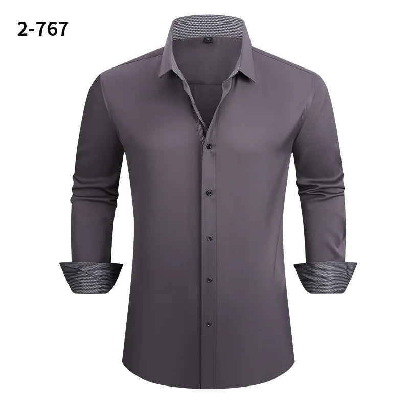 Men's Black Long-sleeve Stretch Shirt, Red Patchwork-trimmed Shirts, Commuter-style Single-Breasted Lapel Tops.