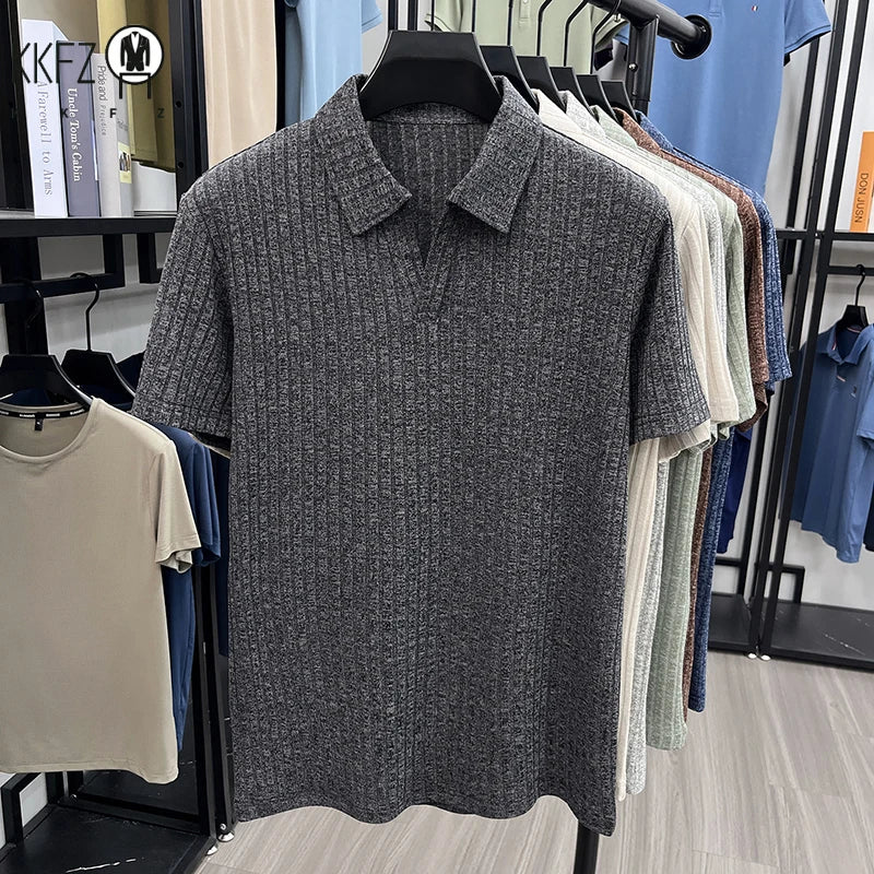 Men's Knitted Polo T Shirt Short Sleeve Ribbed Striped Design Breathable Fabric Lightweight Casual Business Summer Top