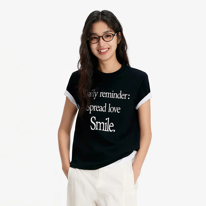 Semir Womens Tshirt 2026 Letter Printed Pure Cotton Regular Shoulder Crew Neck Trendy Casual Soft Daily Wear