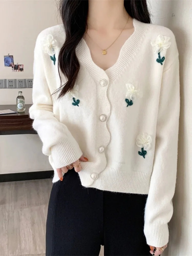 Gentle Sweet Autumn Winter Sweater Women's Flower Beaded Knitted Cardigan Long Sleeve Top Casual Warm Ladies Knitwears Coat