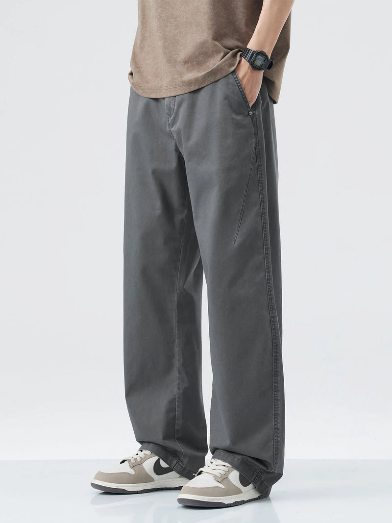 DUKEEN 100% Cotton Men's Casual Long Pants Summer Relaxed Straight Fit Wrinkle-Resistant Non-Iron Basic Khaki Chinos