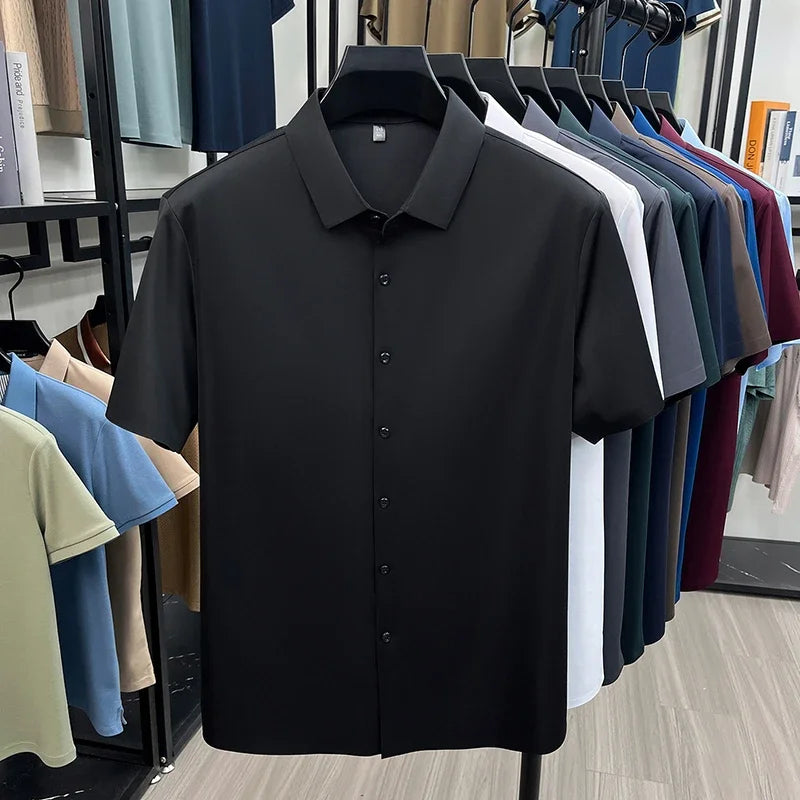Men Summer Casual Short Sleeve Button Up Shirt Ice Silk Breathable Wrinkle Free Business Formal Shirt