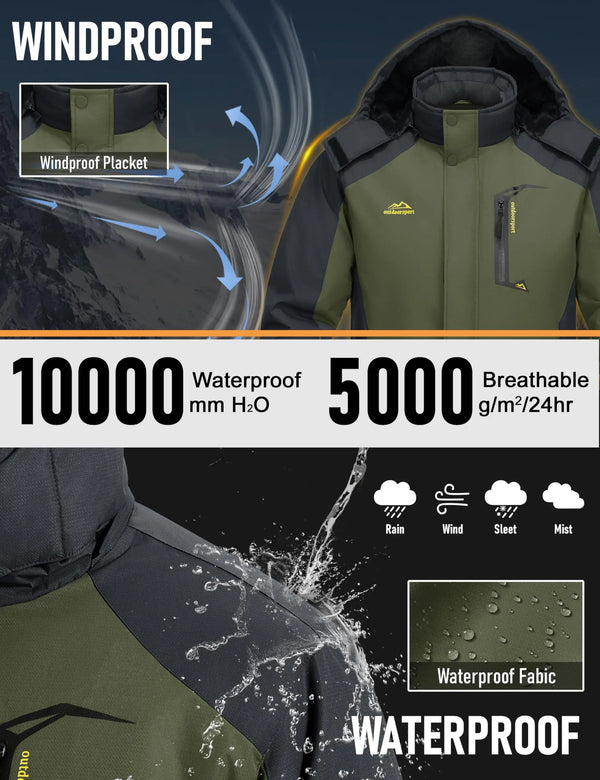 TACVASEN Mens Winter Padded Ski Snow Coats Waterproof Fleece Insulated Parka Jackets Outdoor Snowboard Warm Daily Raincoat