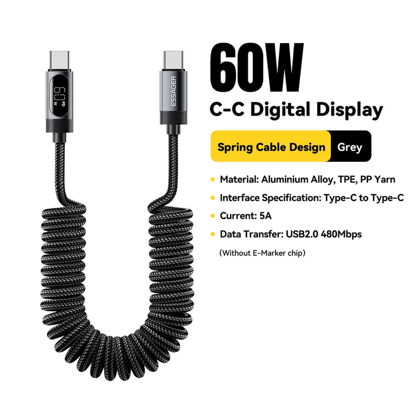 ខ្សែសាក Essager 100W Car Spring Type C សម្រាប់ iPhone 17 16 15 Pro Xiaomi Samsung PD សាកថ្មលឿនសម្រាប់ Macbook iPad ខ្សែ Type C ដល់ C