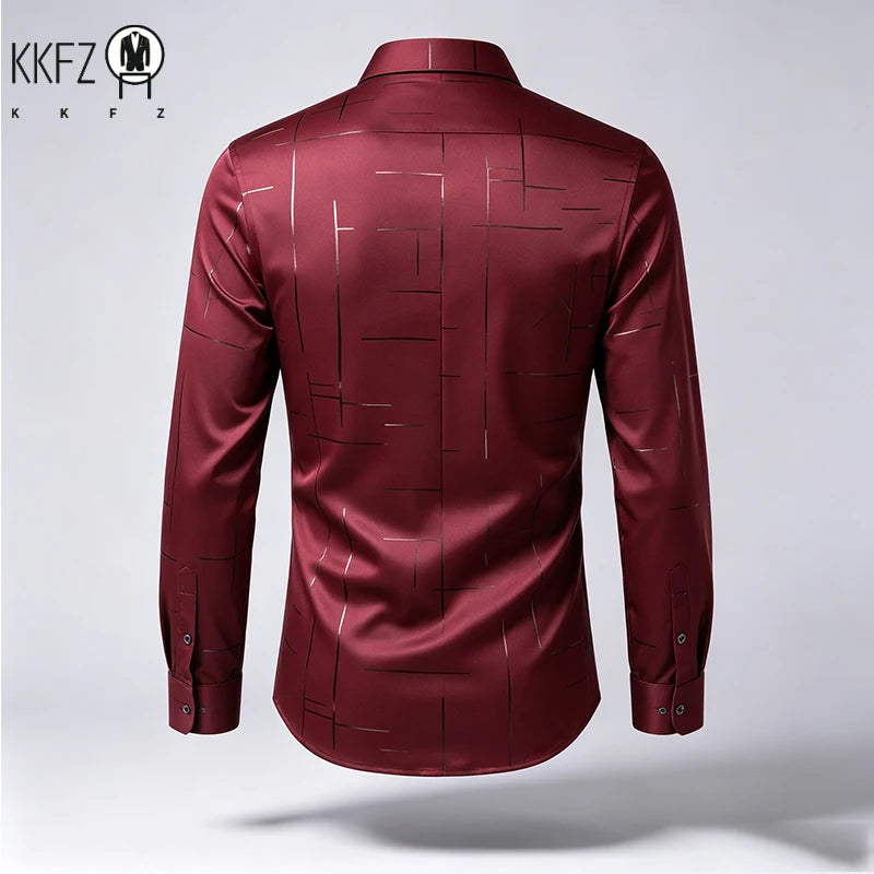 Male Spring Autumn Long Sleeve Shirts Lapel Style Wrinkle Free Fabric Geometric Line Print Chest Pocket Button Shirts