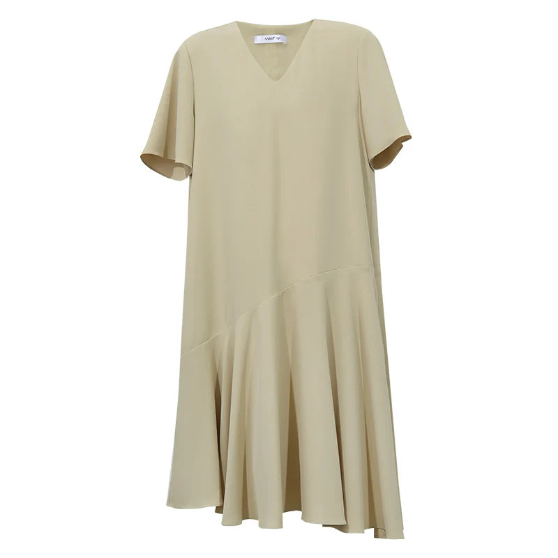 Amii Midi Dress Woman 2026 Summer New V Neck Loose Fit Asymmetric Hem Simple Office Casual Short Sleeve Dress For Women 12622137