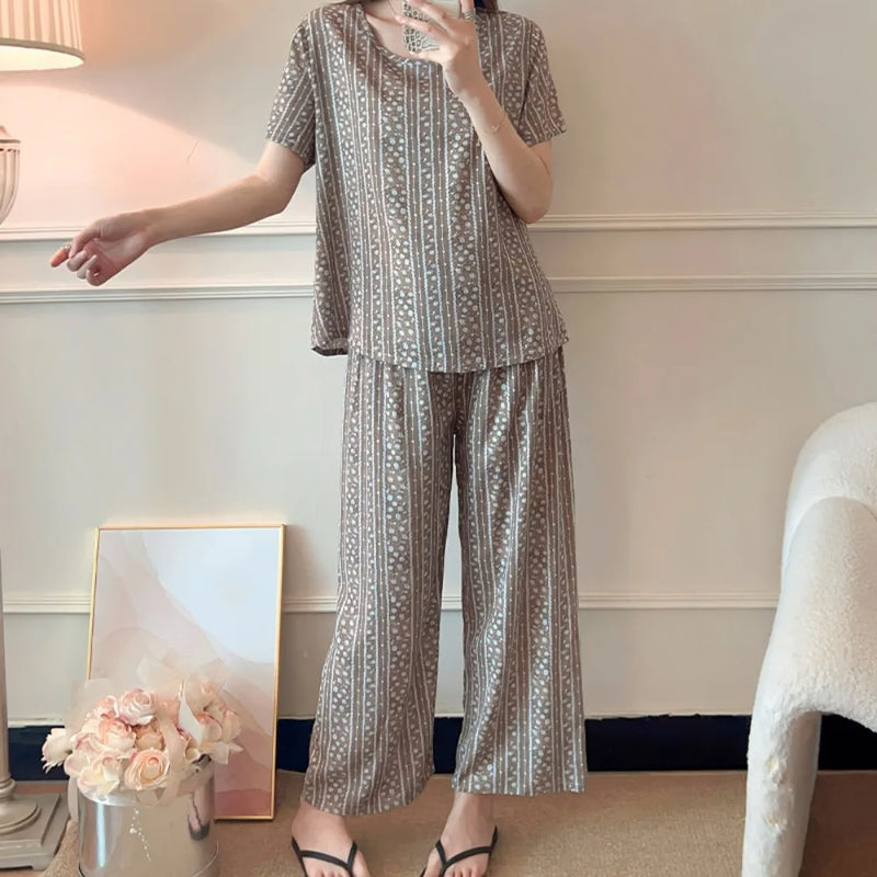 Comfort for Homewear Floral Pajamas 2 Pieces Set for Woman Casual Summer New Short Sleeve Sleepwear Women's Loungewear Suit