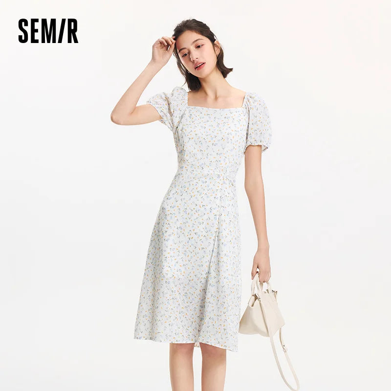 Semir Dress Women Puff Sleeve Romantic Playful Girly Summer French Square Neck Twist Split Chiffon Floral Dress