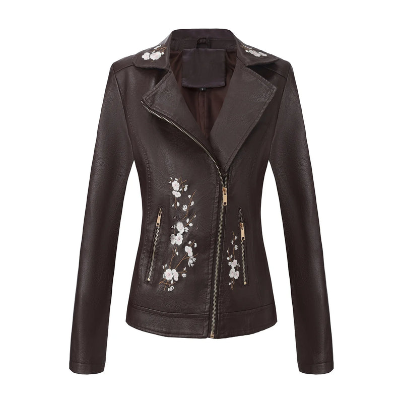New Fall Women's Black Faux Leather Jacket; White Floral Embroidered PU Coat; Dark Brown Motorcycle-style Top.