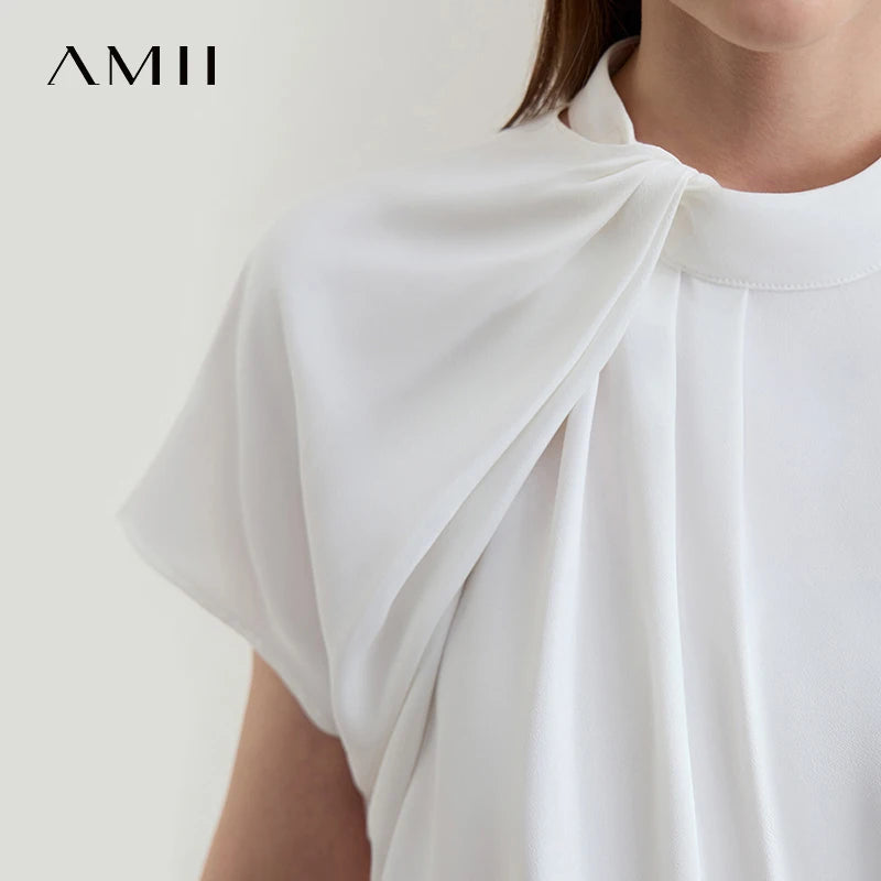 Amii Minimalist Casual Shirt Women Clothing 2026 Summer New Office Lady Asymmetric French Pleated Sleeve Comfort Blouse 12542217