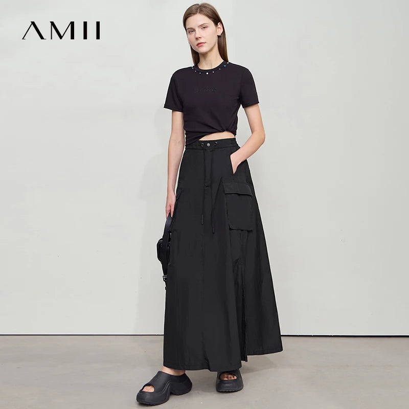 AMII Vacation Long Skirt 2026 Summer Women Loose Sun Protection Office Lady Solid Pockets Elastic Waist Cord Slit Skirt 12542106