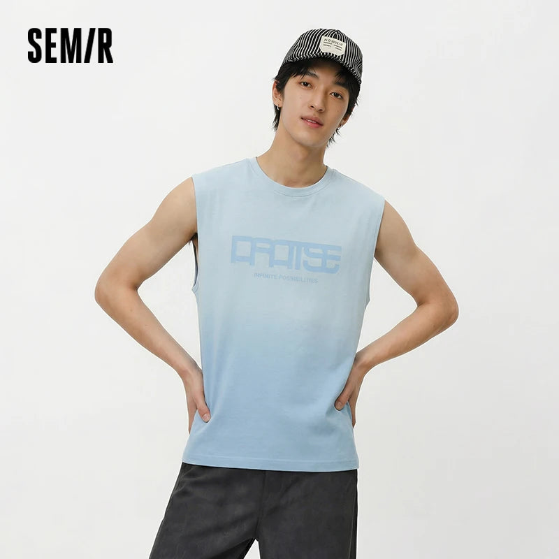 Semir Mens Vest 2026 Sleeveless Pure Cotton Letter Printed Gradient Knitted Tops Crew Neck Wide Shoulder Casual Soft Daily Wear
