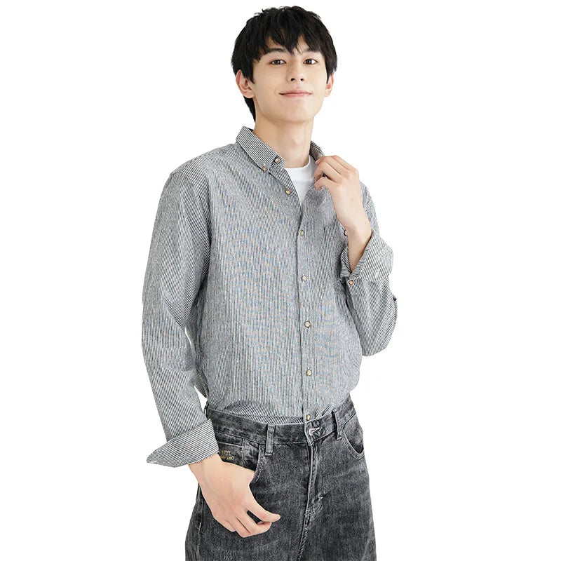 Men's Spring Summer Striped Shirts Long Sleeve Japanese Style Casual Button Down Shirt Vintage Turn-down Collar Male Tops