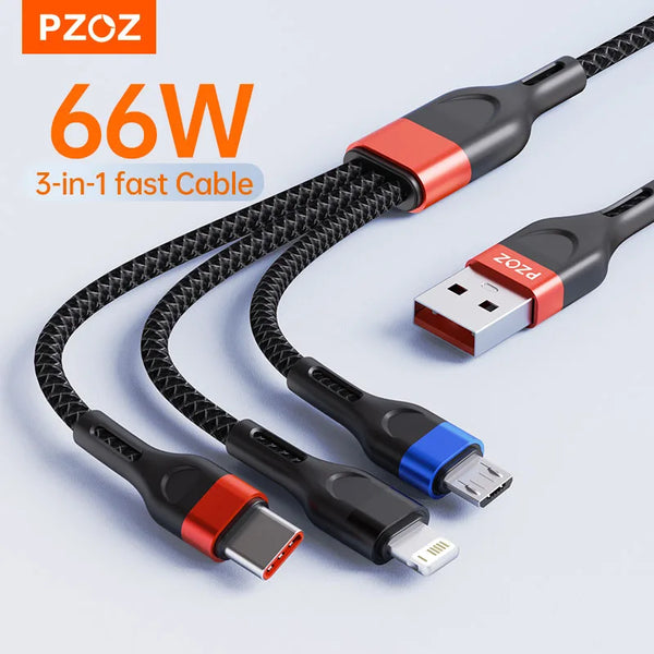 PZOZ 66W 3 in 1 USB Type C Cable Super Fast Charging Micro USB C Cable For iPhone14 Pro Samsung Xiaomi Huawei Phone Cord Charger