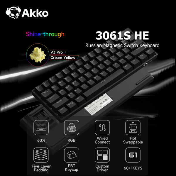 Akko 3061S Black HE Mechanical Keyboard 60% ANSI Russian RGB Magnetic Switch Rapid Trigger 8K TypeC Wired Custom Gaming Keyboard