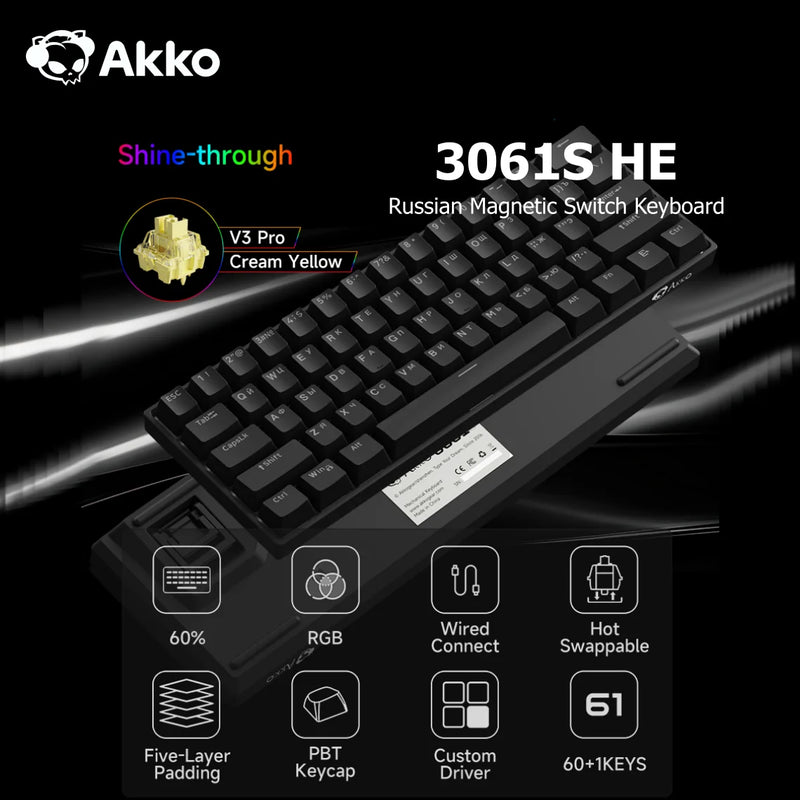 Akko 3061S Black HE Mechanical Keyboard 60% ANSI Russian RGB Magnetic Switch Rapid Trigger 8K TypeC Wired Custom Gaming Keyboard