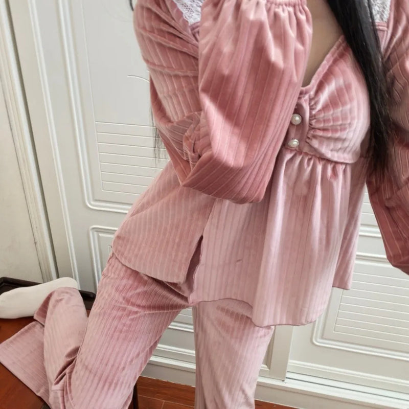 Chest Pad Lady Long-sleeved Two-piece Suit Sleepwear Pajamas New Spring Autumn 2026 Elegant Home Clothes Pyjama Femme Nightwear