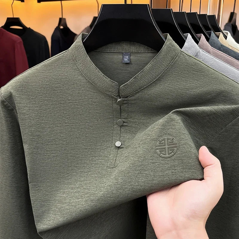 Mens Spring Autumn Henley T Shirt Long Sleeve Mandarin Collar Embossed Logo Breathable Comfort Casual Outfit
