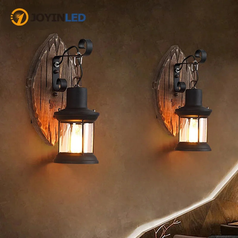 ចង្កៀងជញ្ជាំង LED ឈើបែបឧស្សាហកម្មបែបបុរាណបែបណ័រឌីក ជាមួយនឹងរូបរាងដ៏ប្រណិត ពន្លឺក្តៅសម្រាប់បារ ហាងកាហ្វេ សួនច្បារ E27