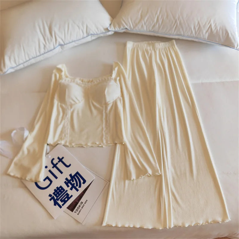 ឈុតគេងនារី Elegant Island Velvet Warm Women's Pajamas Set Chest Pad Top Home Suit For Women Nightwear Winter Sleepwear