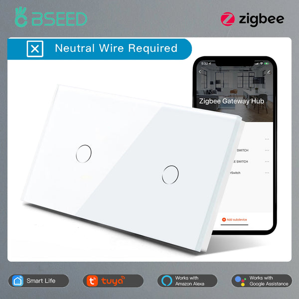 BSEED Zigbee កុងតាក់ជញ្ជាំងឆ្លាតវៃ កុងតាក់ភ្លើងអេក្រង់ប៉ះ 1/2/3Gang 1/2/3Way Google Alexa Tuya App Control គ្មានខ្សែអព្យាក្រឹត