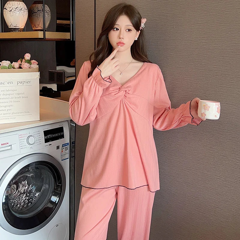 M-5XL NEW Long Sleeve Trousers Suit Ladies Home Clothes Loose Pajamas Set Female Autumn Winter Cotton Pijamas Women Plus Size