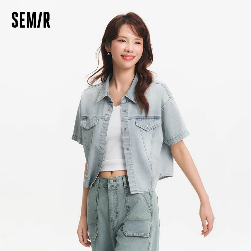 Semir Women Shirt Denim Short Length Loose Drop Shoulder Slit Slim Fit Cool Petite Street Style Top 2026 Summer Fashion Casual W