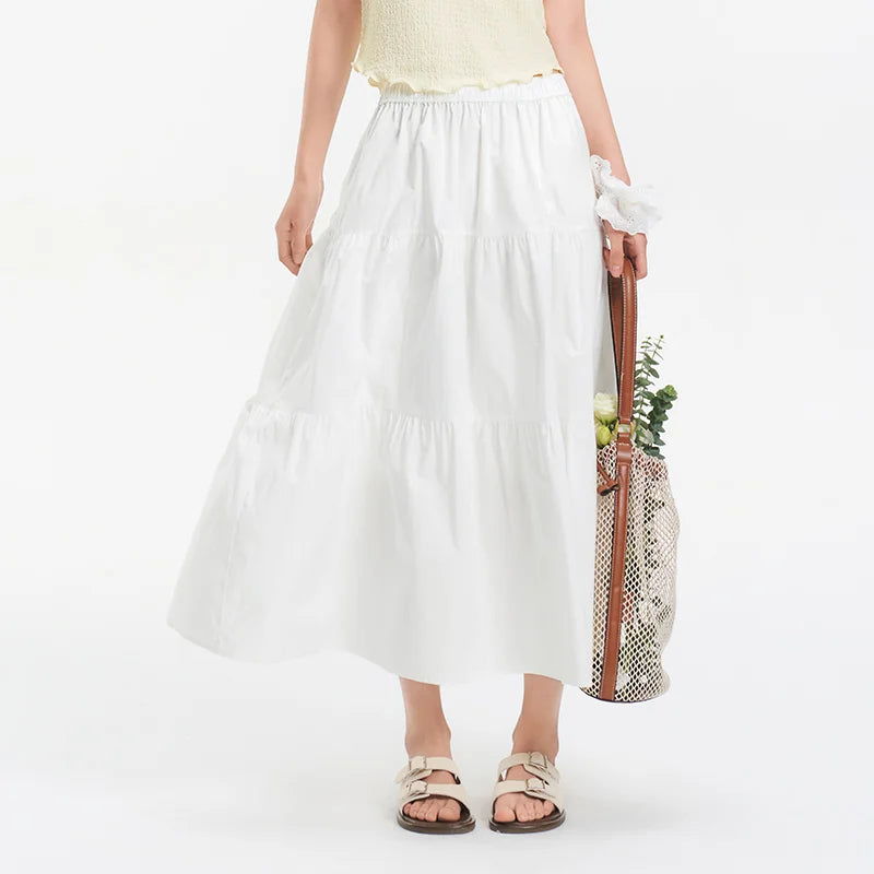 Semir Womens Skirt 2026 White Solid Elastic Waist A Line Cake Style Elegant Versatile Casual Soft