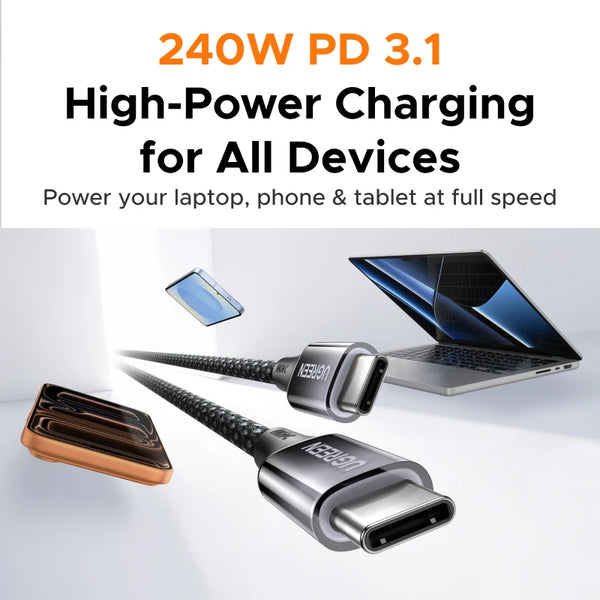 ខ្សែសាក UGREEN PD3.1 240W USB C Braided 5A សាកលឿនសម្រាប់កុំព្យូទ័រយួរដៃ MacBook Dell iPhone 18/17 Samsung 480Mbps Data Cord