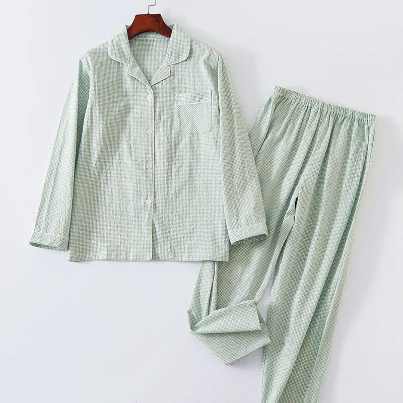 Pocket Comfortable Pajamas Sets 100% Cotton Casual Plaid Autumn Winter Sleepwear Women Pijama Lapel Long Sleeve Top Pant Suit