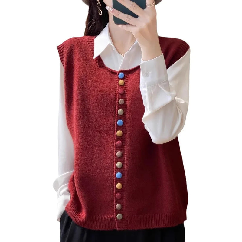 Retro Button Crew Neck Knitted Vest Cardigan Women's Sleeveless Sweater Stack Wear Versatile Top Ladies Spring Autumn Jacket