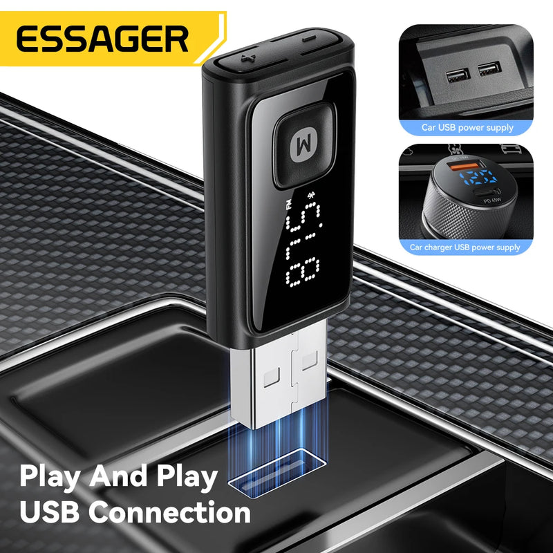 ESSAGER ឧបករណ៍ភ្ជាប់ Bluetooth 5.4 សម្រាប់រថយន្ត ឧបករណ៍បញ្ជូន FM ឥតខ្សែ ឧបករណ៍ទទួលសំឡេង និងការហៅទូរសព្ទដោយមិនប្រើដៃ មីក្រូហ្វូនស្តេរ៉េអូស្វ័យប្រវត្តិ គ្រឿងបន្ថែមសម្រាប់រថយន្ត