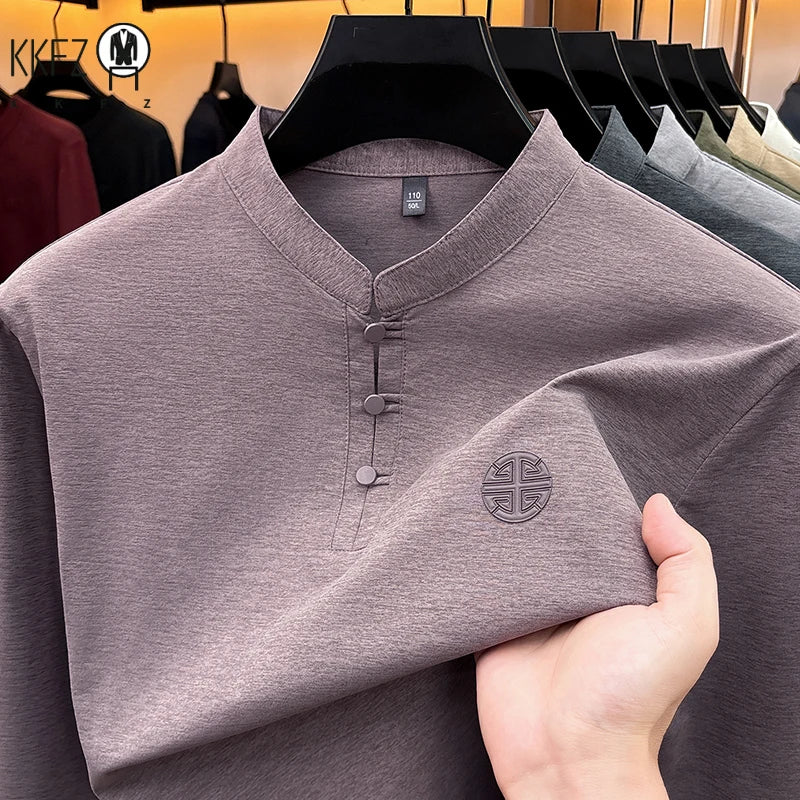 Men Long Sleeve Button Placket Tee Stand Collar Chest Embossed Detail Loose Fit Daily Office Leisure Wear Top