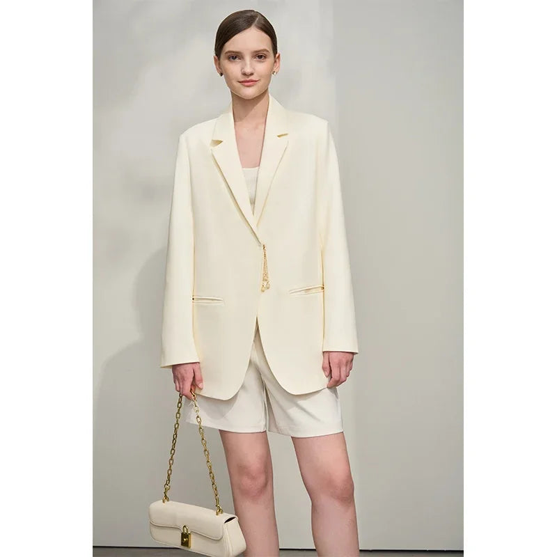 អាវធំ AMII Minimalist Blazer សម្រាប់នារី រដូវស្លឹកឈើជ្រុះ ឆ្នាំ២០២៥ ថ្មី កអាវបើកចុះ អាវក្រៅមានខ្សែសង្វាក់ អាវក្រៅស្មា ពណ៌ខ្មៅ 12521063