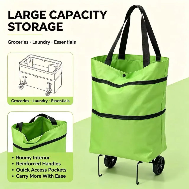 Portable Shopping Cart, Foldable Shoulder Bag with Wheels, Lightweight Hand-Pushed Cart for Home Use