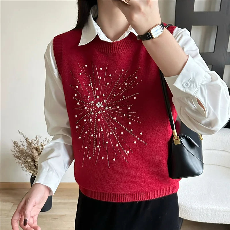 Bead Heavy Industry Crew Neck Outer Wear Vest Stacked Knitted Sweater Casual Chic Top Women's Jacket Cardigan Female Waistcoat