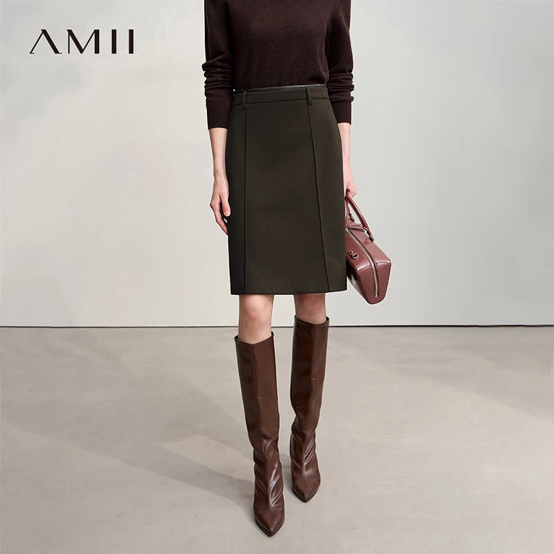 សំពត់ AMII Minimalist សម្រាប់ស្ត្រីឆ្នាំ ២០២៦ រដូវរងាថ្មីត្រង់រឹងប៉ាក់ Midi សំពត់ Patchwork ស្បែកធម្មតាសម្លៀកបំពាក់ស្ត្រី ១២៥២៤០៩២