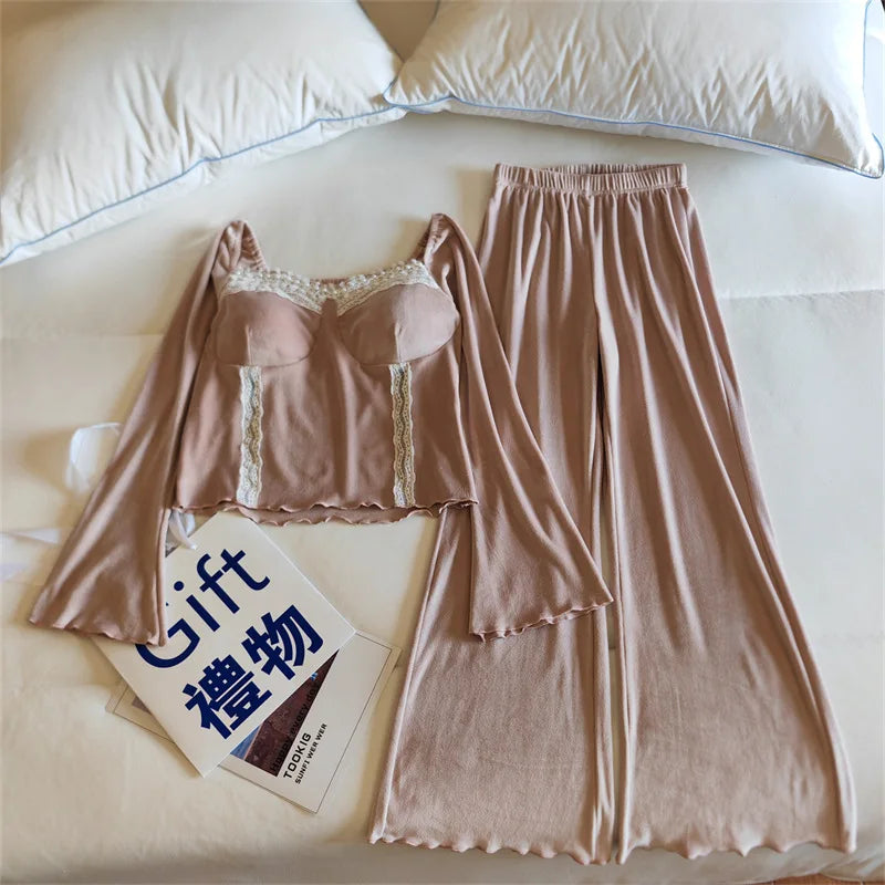 ឈុតគេងនារី Elegant Island Velvet Warm Women's Pajamas Set Chest Pad Top Home Suit For Women Nightwear Winter Sleepwear