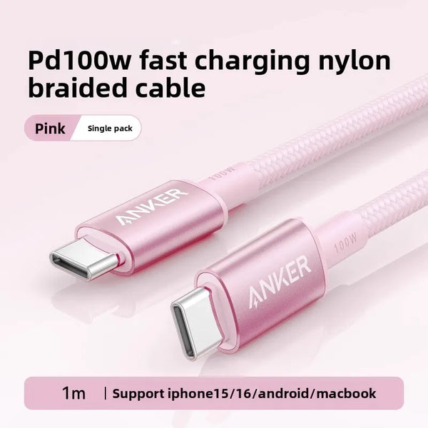 ខ្សែសាក Anker USB-C ទៅ USB-C 100W សាកលឿន PD Data Cable Type C សម្រាប់ Samsung Xiaomi MacBook Tablet