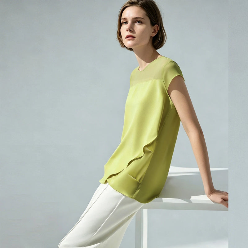 Amii Women's Blouse 2026 Summer New Round Neck Asymmetric Panel Patchwork Shirt Shirred Cap Sleeve Casual Chiffon Top 12642190