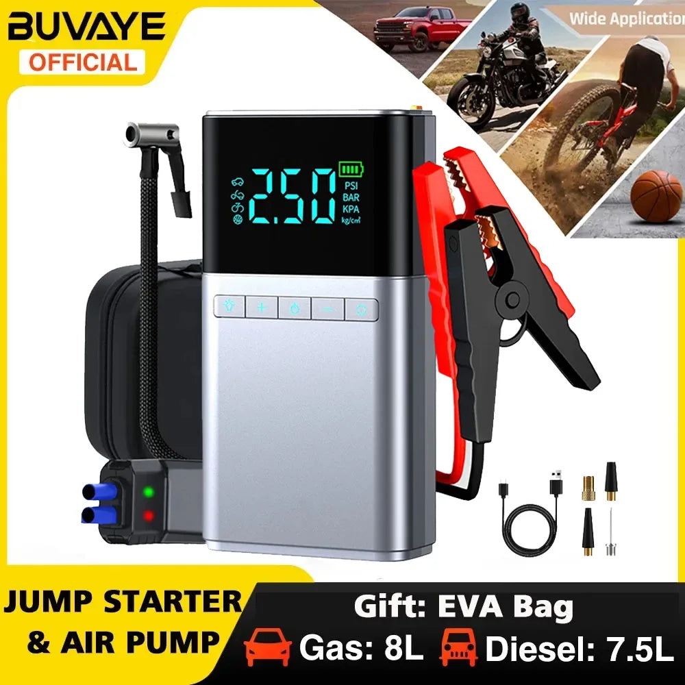 BUVAYE Car Jump Starter Air Pump 4 in 1 Air Compressor Outdoor Power Bank LED Lamp Battery Starter Tyre Inflator with Eva Bag