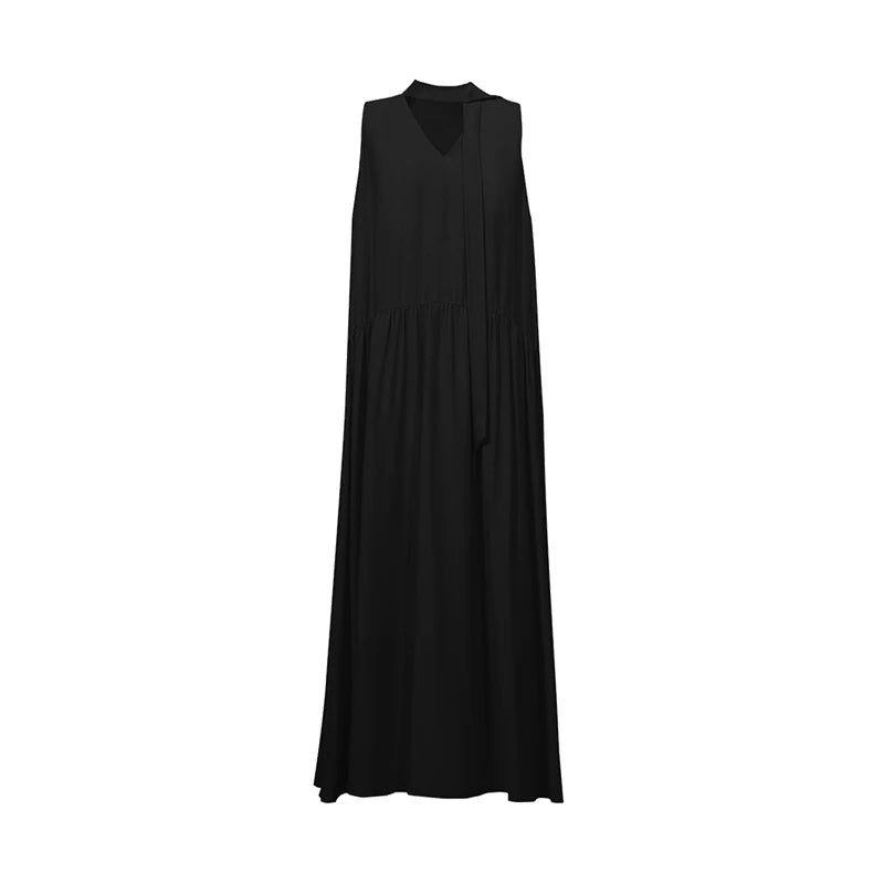Amii Women's Dress 2026 Summer New V-Neck Tie Low Waist Sleeveless A-Line Midi Dress Holiday Casual Flowy Woman Clothes 12652073