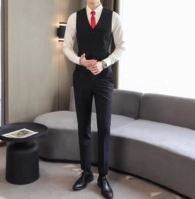 2026 Men's Bright Red V-Neck Sleeveless Vest with Pants, Green Gray Black White Purple Waistcoat and Trousers Asian Size Sets