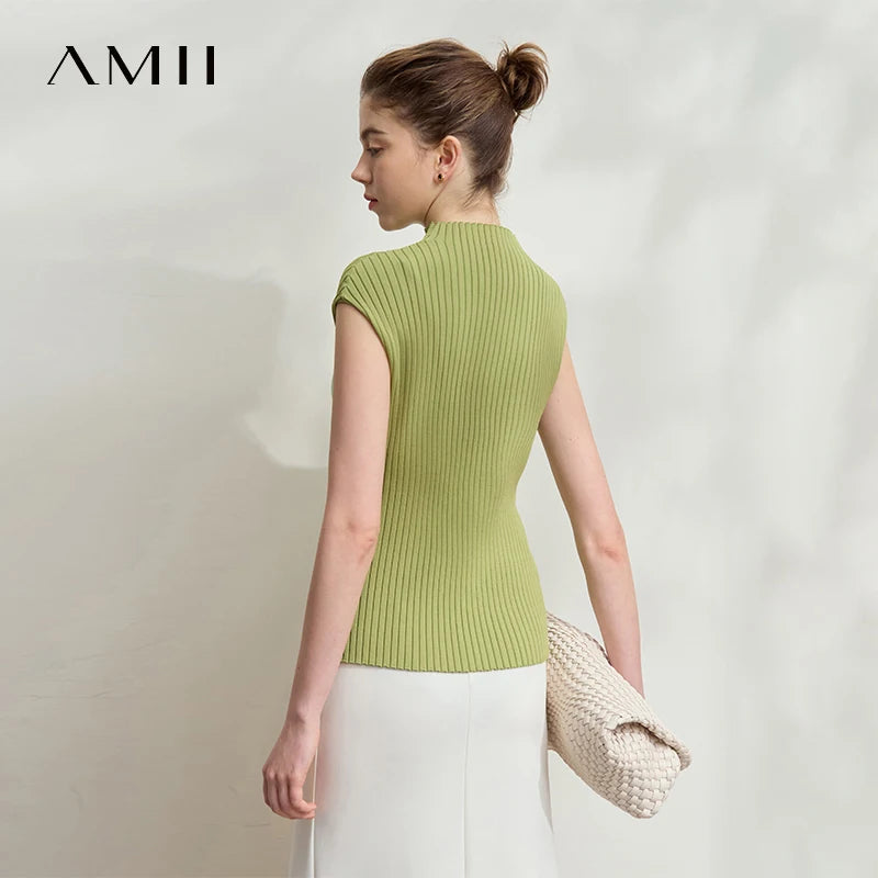 អាវយឺតប៉ាក់សម្រាប់នារី Amii ពណ៌សមល្មម រដូវស្លឹកឈើជ្រុះឆ្នាំ ២០២៥ អាវក្រៅដៃខ្លី កពាក់កណ្តាលអណ្តើក ស្ដើង 12542001