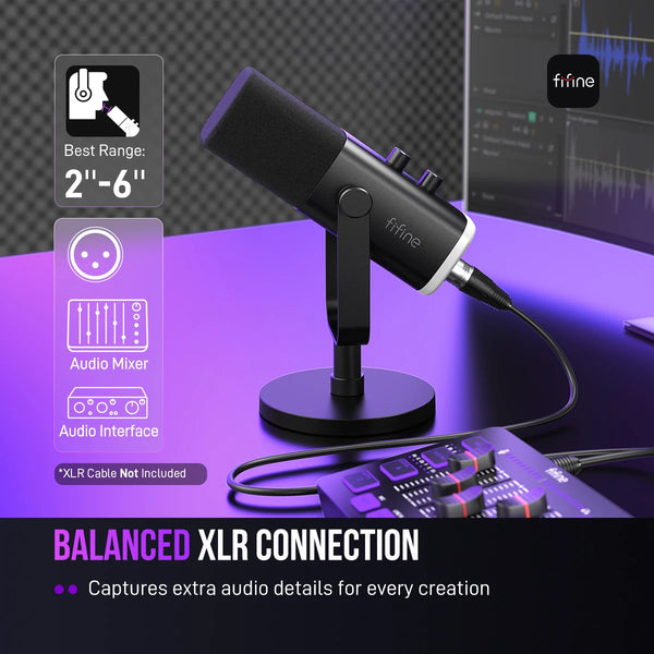 មីក្រូហ្វូនឌីណាមិក FIFINE USB/XLR ជាមួយការគ្រប់គ្រង RGB/រន្ធដោតកាស/បិទសំឡេង មីក្រូហ្វូនសម្រាប់ការថតហ្គេមកុំព្យូទ័រ ស្ទ្រីម AmpliGame-AM8