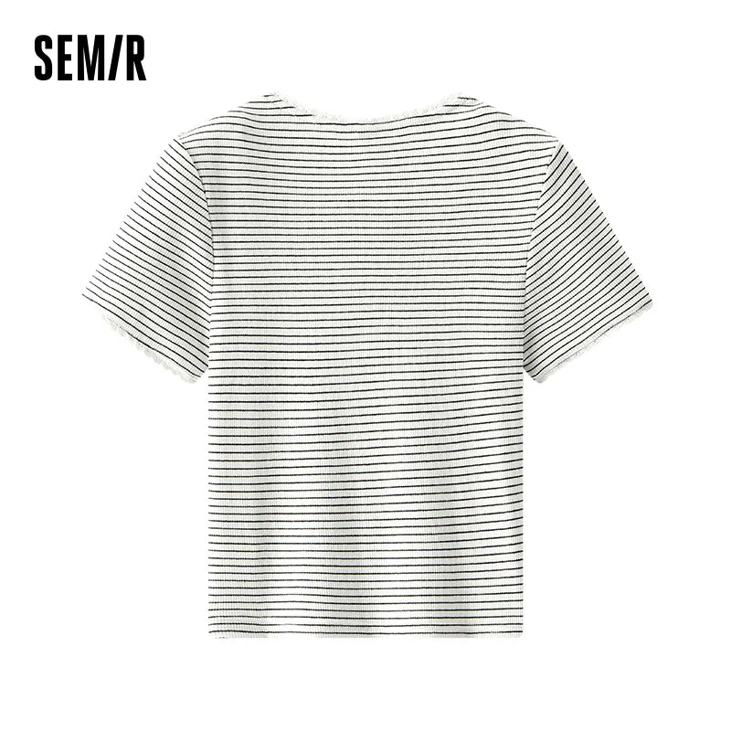 Semir Womens Tshirt 2026 Short Lace Crew Neck Slim Striped Elegant Gentle Casual Soft